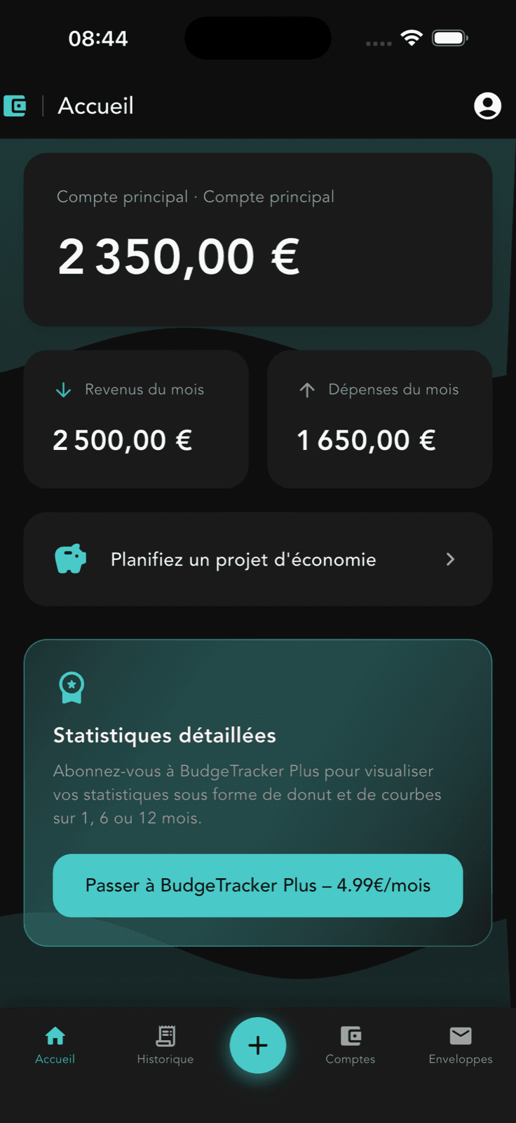 Écran d’accueil de BudgeTracker : solde du compte, revenus et dépenses du mois, projet d’économie
